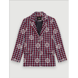 Women Clover Plaid Jacquard Jacket - Navy/Red