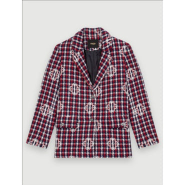 Women Clover Plaid Jacquard Jacket - Navy/Red