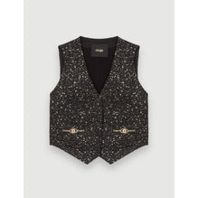 Women Sequin Tweed Sleeveless Jacket - Black