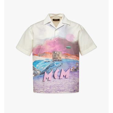 Men Retro Futurism Print Bowling Shirt - Egret