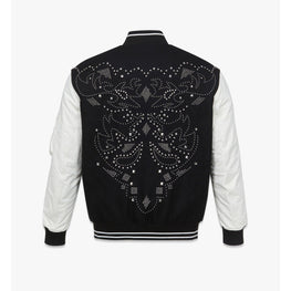 Men Studded Varsity Jacket in Wool Felt and Lamb Leather - Black