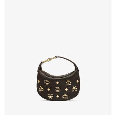 Women Aren Crescent Hobo Bag in Gold Monogram Leather - Black