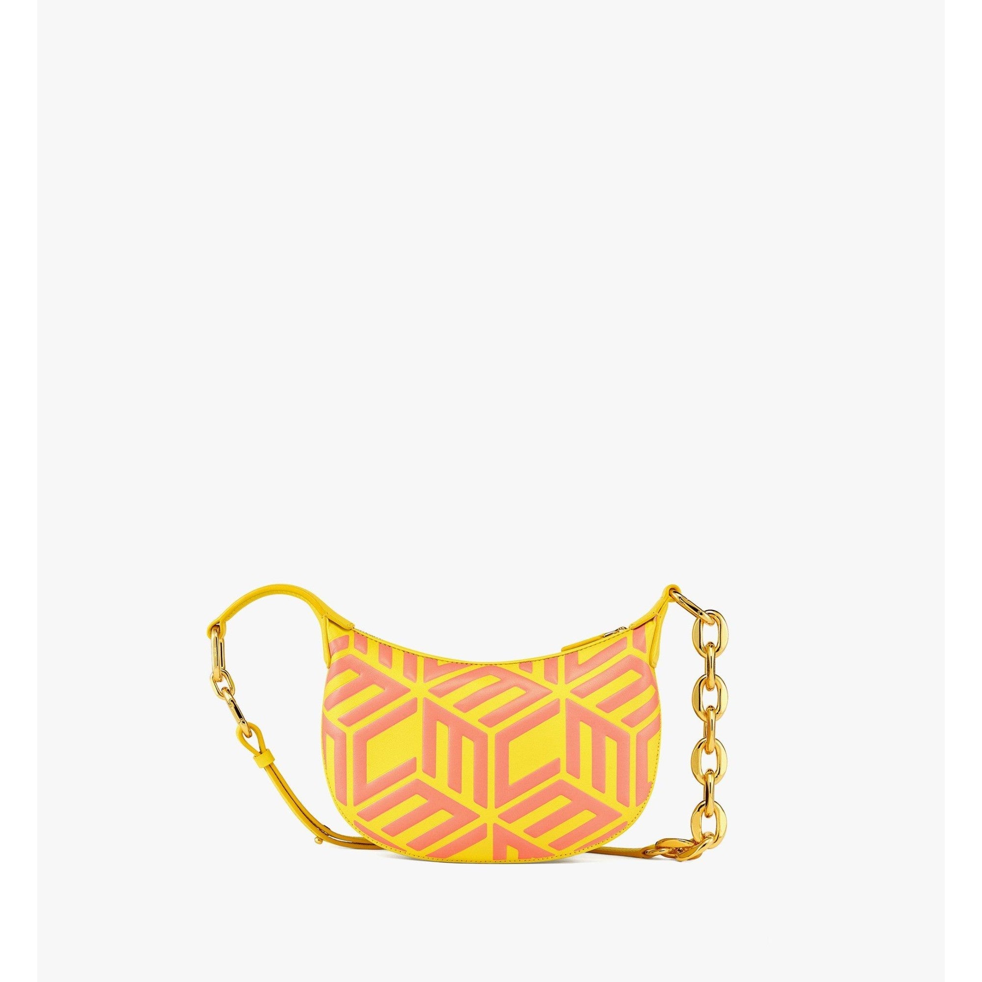 Women Crescent Hobo Bag in Cubic Logo Leather - Vibrant Yellow