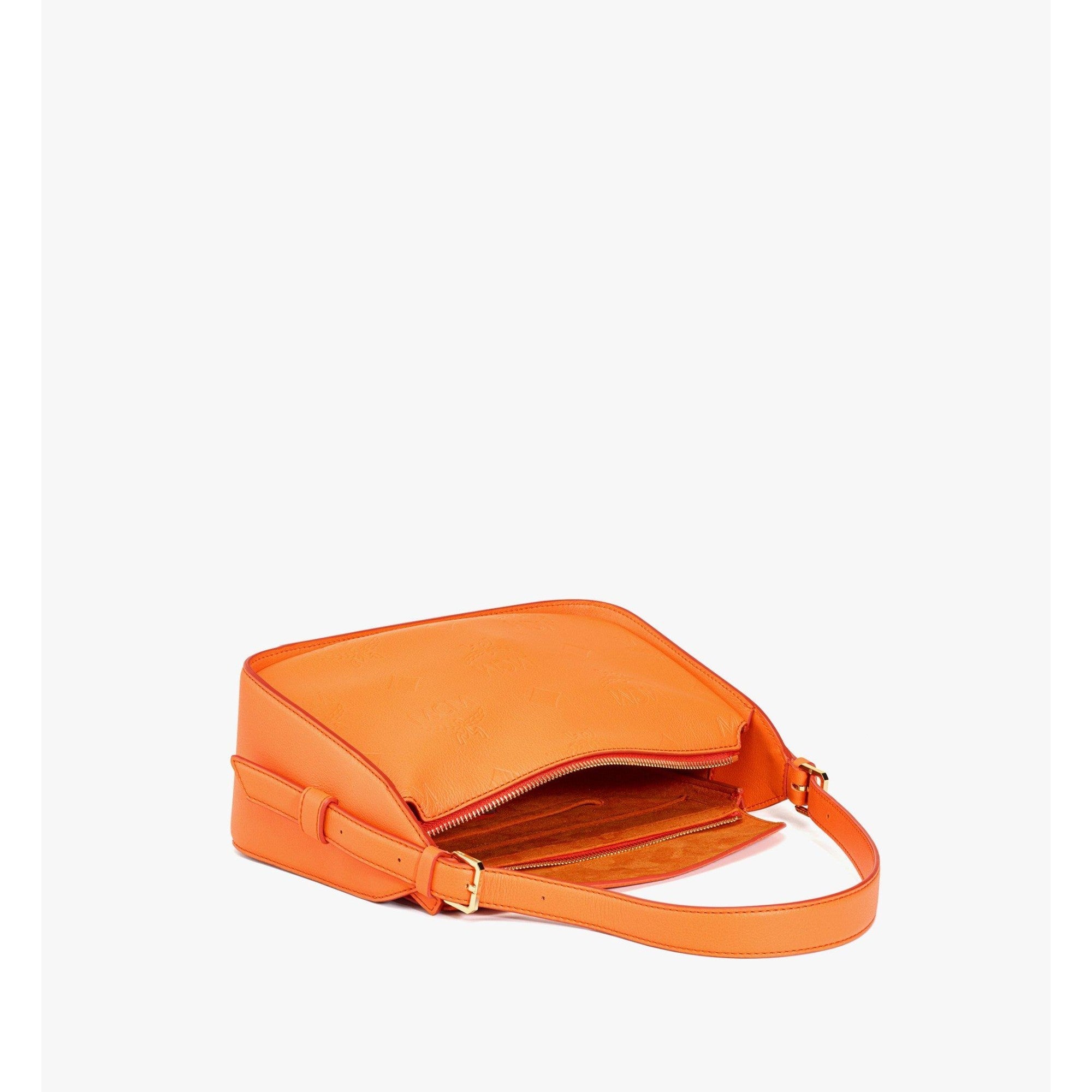 Women Aren Flap Hobo Bag in Embossed Monogram Leather - Orange Slice