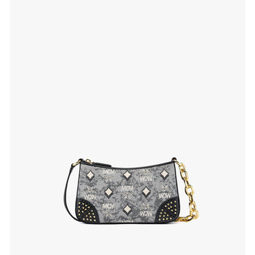 Women Shoulder Bag in Studded Vintage Monogram Jacquard - Grey