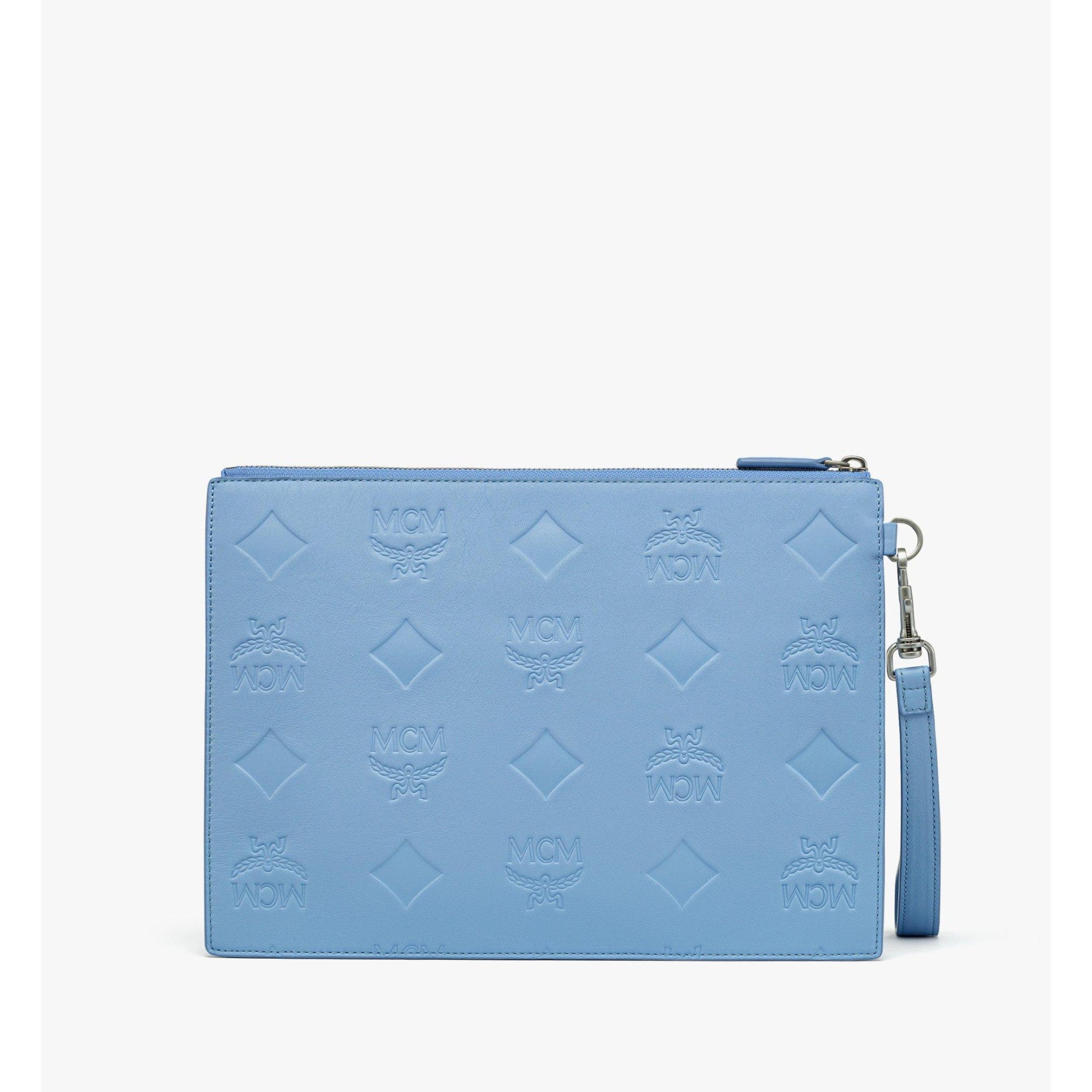 Men Aren Wristlet Zip Pouch in Maxi Monogram Leather - Della Robbia Blue