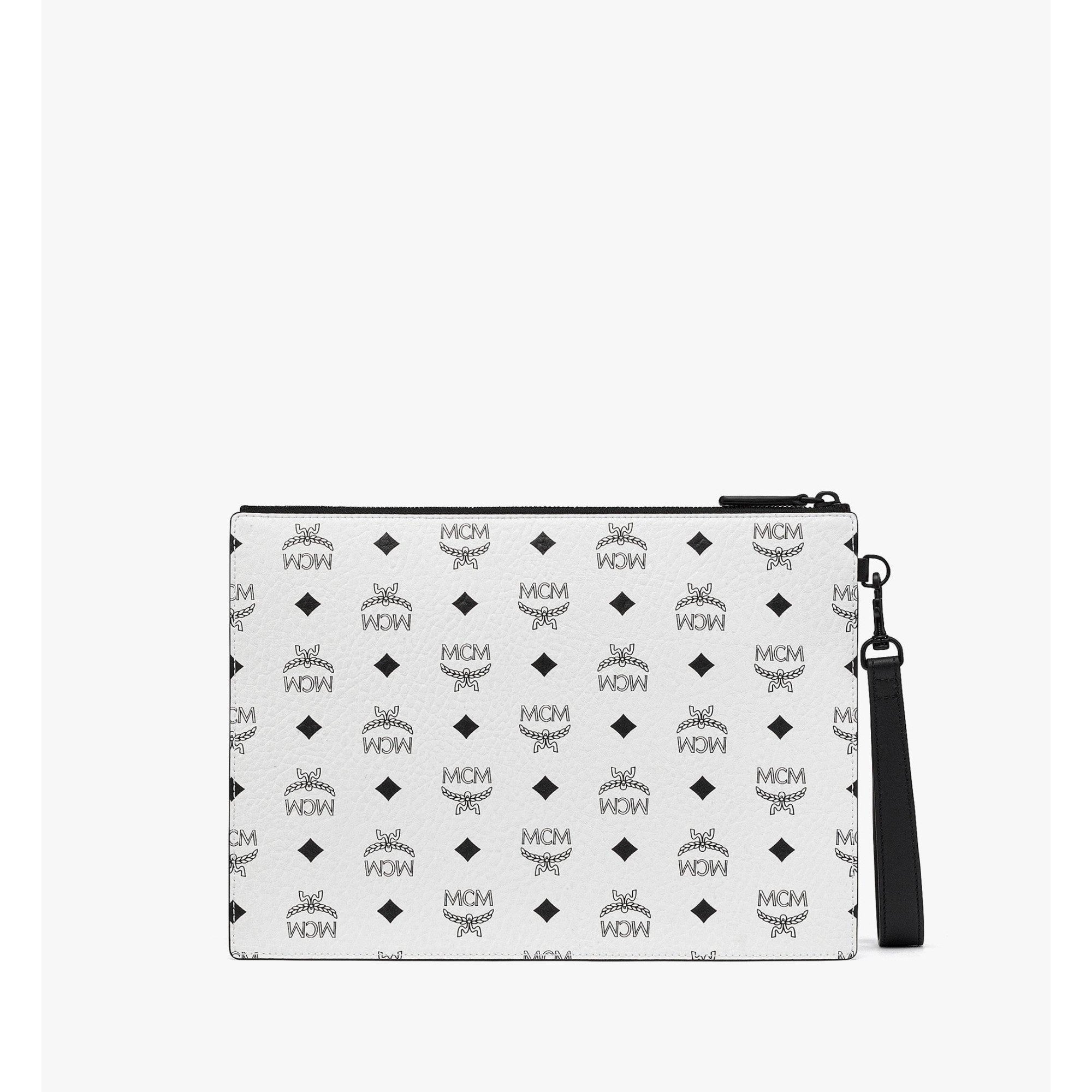 Men Aren Wristlet Zip Pouch in Visetos - White