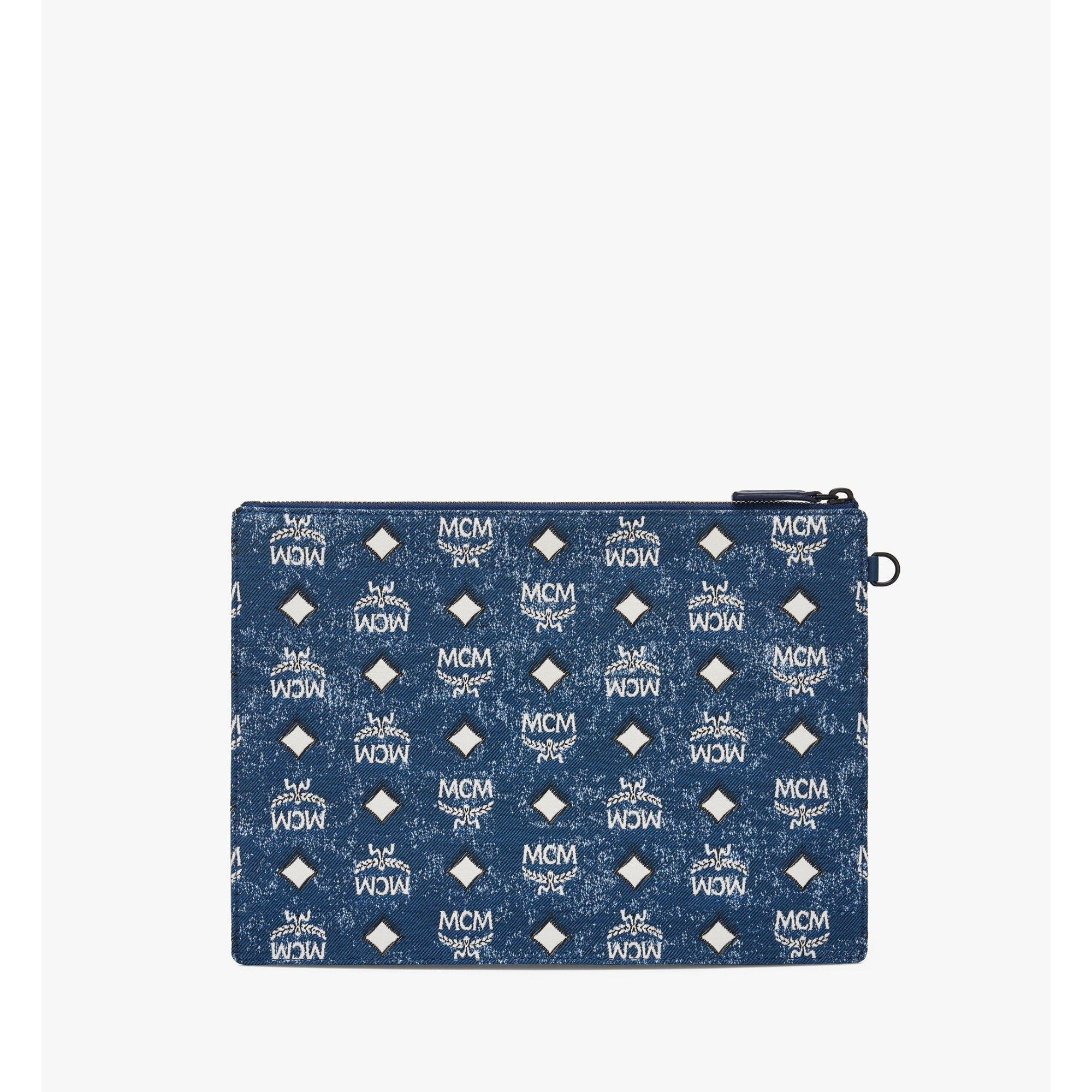 Men Wristlet Zip Pouch in Vintage Denim Jacquard - Denim