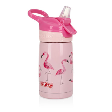 Nuby Thirsty Kids Printed Stainless Steel 10oz / 300ml No Spill Flip-It Reflex Push Button Soft Spout On the Go Cup - Flamingo