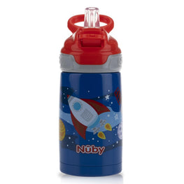 Nuby Thirsty Kids Printed Stainless Steel 10oz / 300ml No Spill Flip-It Reflex Push Button Soft Spout On the Go Cup - Rocket