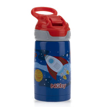 Nuby Thirsty Kids Printed Stainless Steel 10oz / 300ml No Spill Flip-It Reflex Push Button Soft Spout On the Go Cup - Rocket