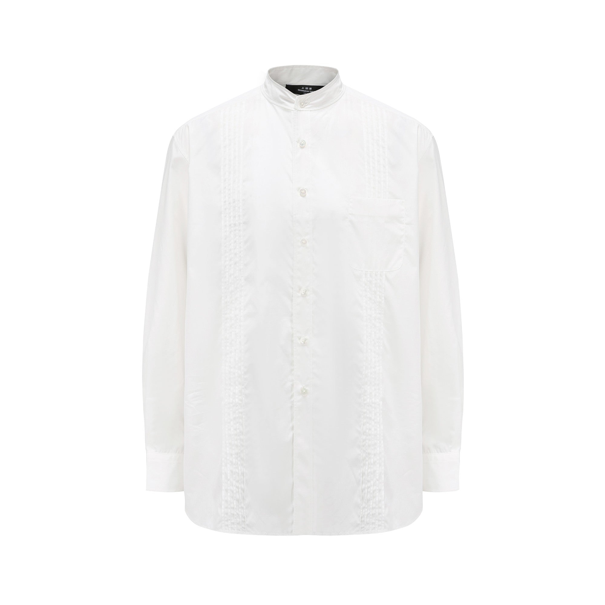 Men Pleated Shirt With Band Collar - White