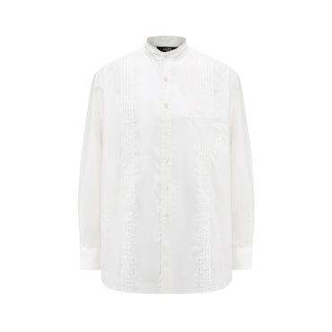 Men Pleated Shirt With Band Collar - White