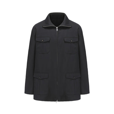 Men Technical Wool Zip Up Jacket - Black