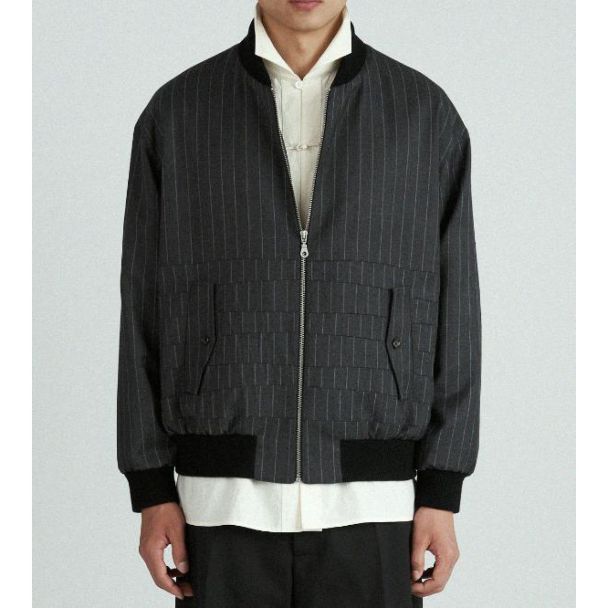 Men Striped Wool Bomber Jacket - Grey