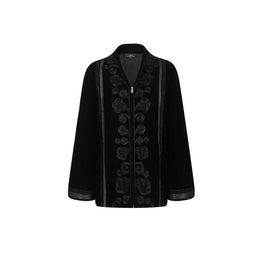 Women Embroidery Velvet Jacket - Black