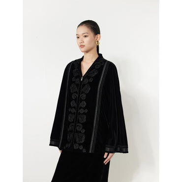 Women Embroidery Velvet Jacket - Black