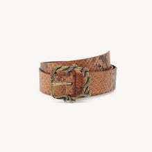 Women Python Belt With Decorative Buckle - Brown