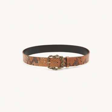 Women Python Belt With Decorative Buckle - Brown