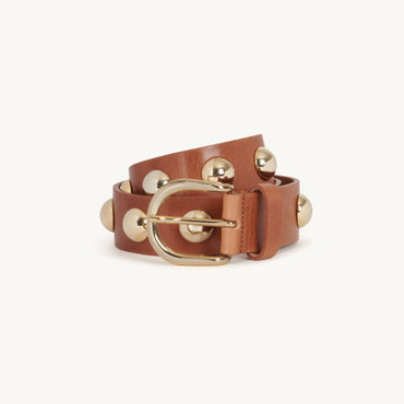 Women Leather Belt With Studs - Camel