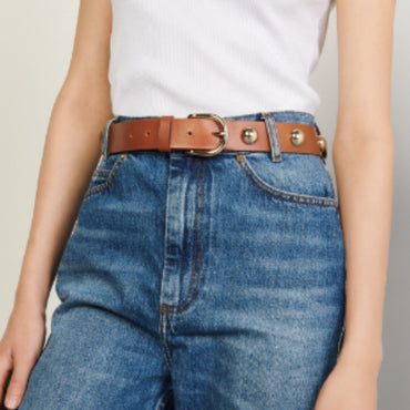 Women Leather Belt With Studs - Camel