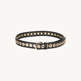 Women Leather Belt With Rhinestone Eyelets - Black