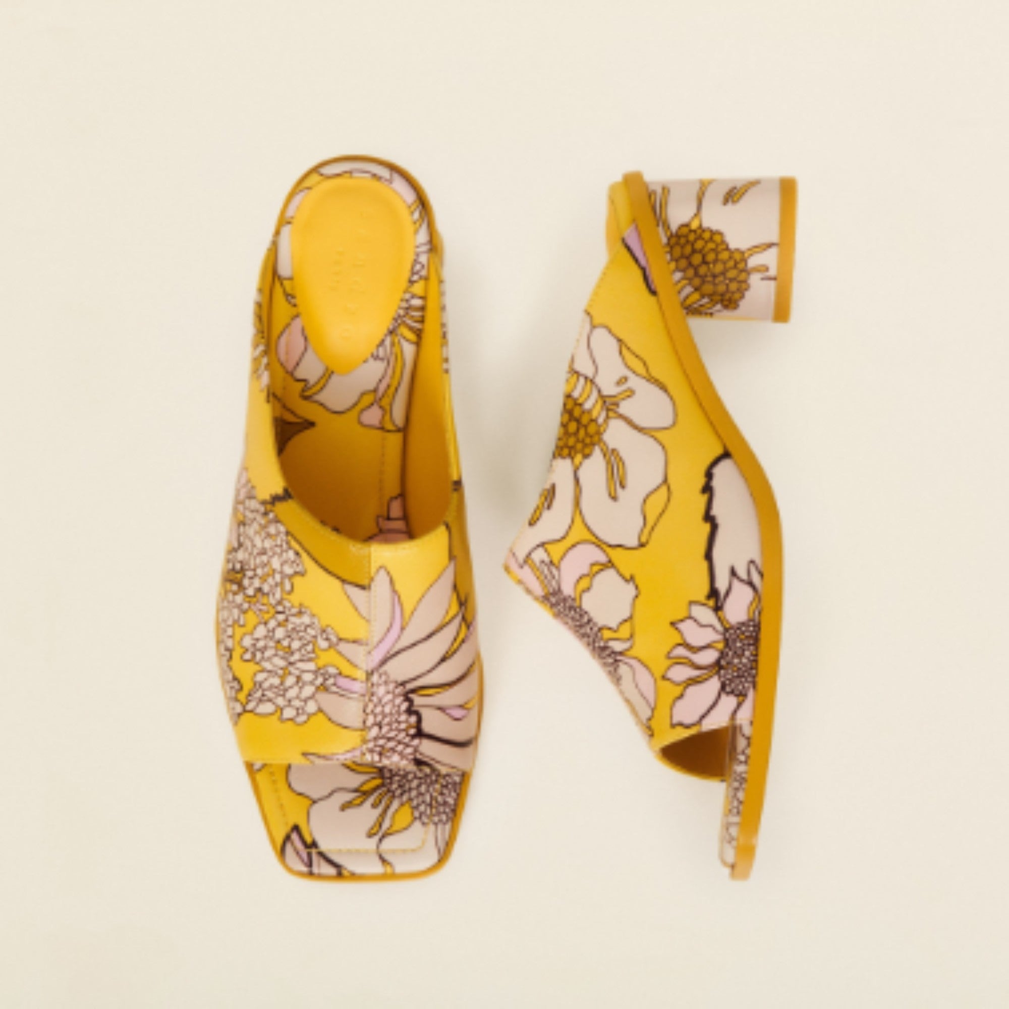 Women Printed Leather Mules - Yellow / Lilac