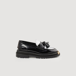 Women Thick-Soled Leather Loafers - Black / White