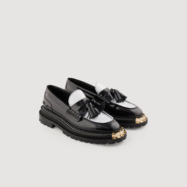 Women Thick-Soled Leather Loafers - Black / White