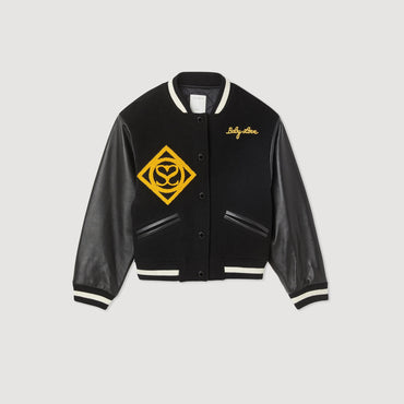 Women Wool And Leather Varsity Jacket - Black