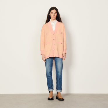 Women Long Houndstooth Coatigan - Salmon