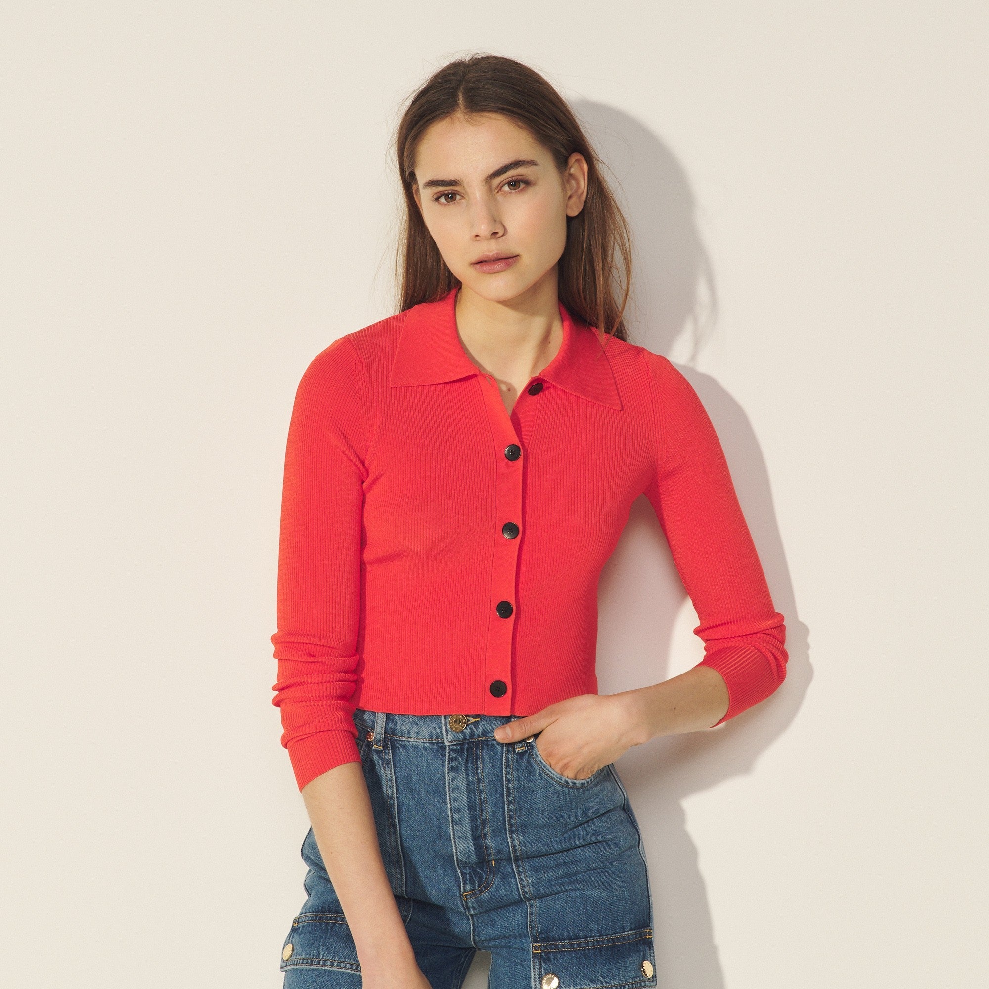 Women Cropped Cardigan With Shirt Collar - Red