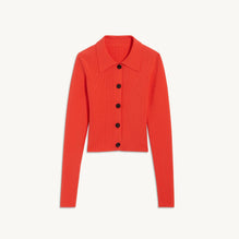 Women Cropped Cardigan With Shirt Collar - Red