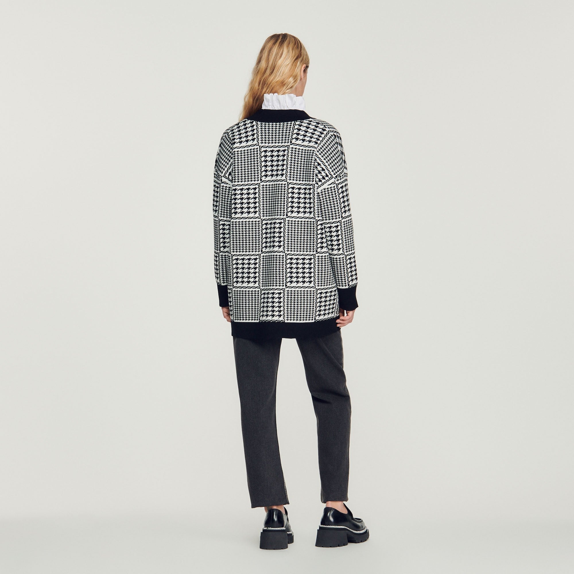 Women Houndstooth Coatigan - Ecru/Black