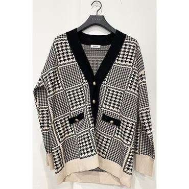 Women Houndstooth Coatigan - Ecru/Black