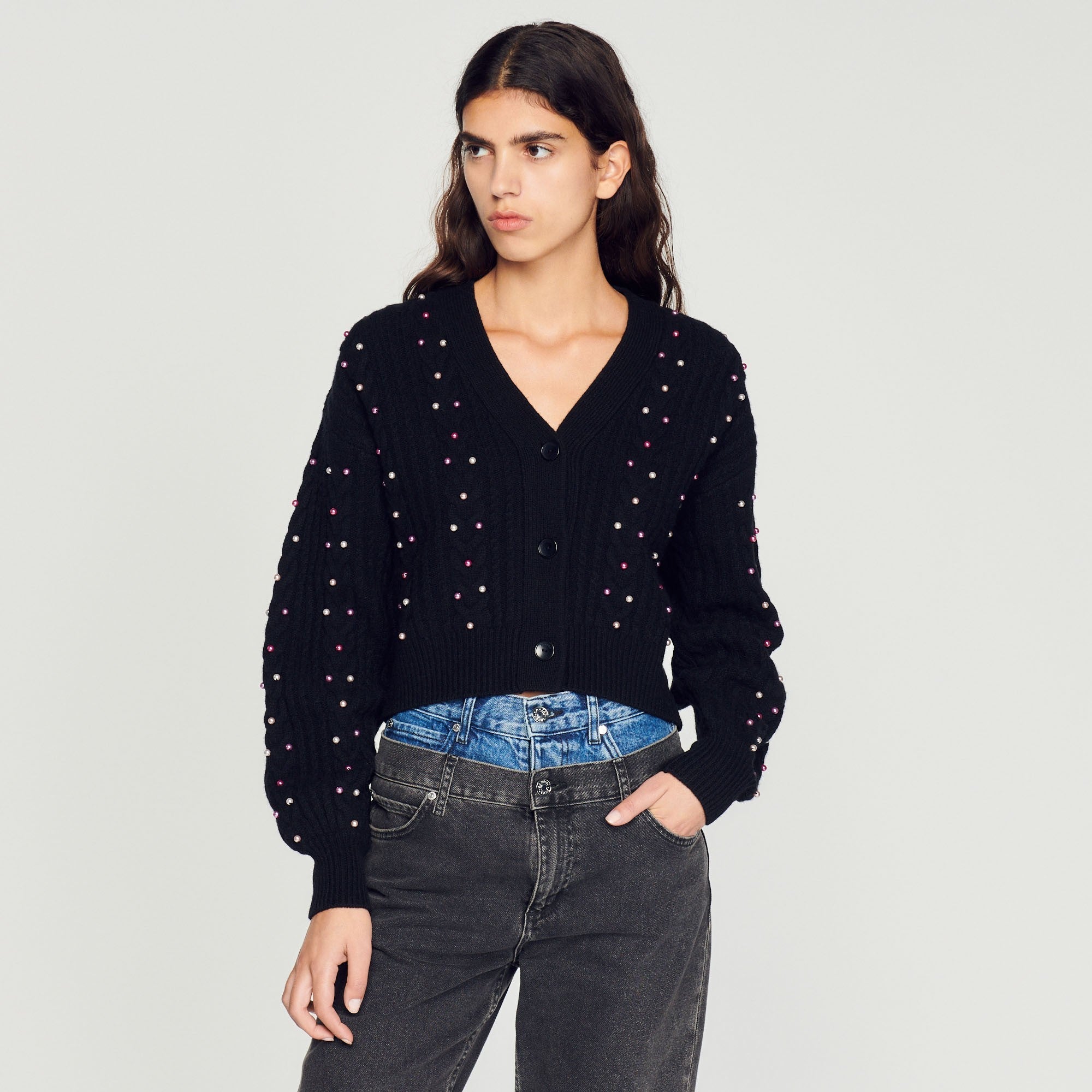 Women Knit Cardigan With Decorative Beads - Black