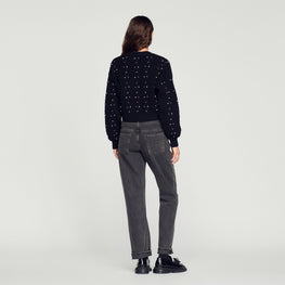 Women Knit Cardigan With Decorative Beads - Noir