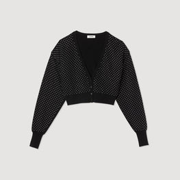 Women Cropped Rhinestone Cardigan - Black