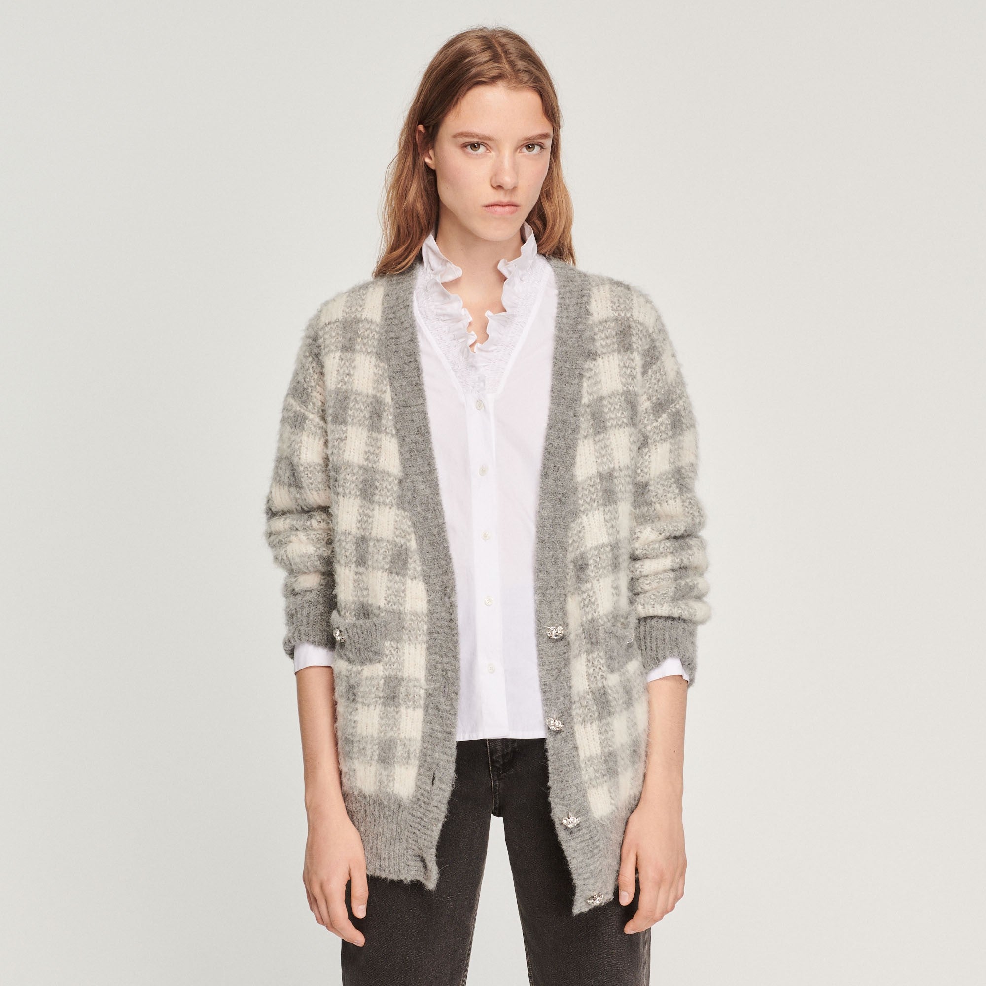 Women Checked Jacquard Cardigan - Light Grey