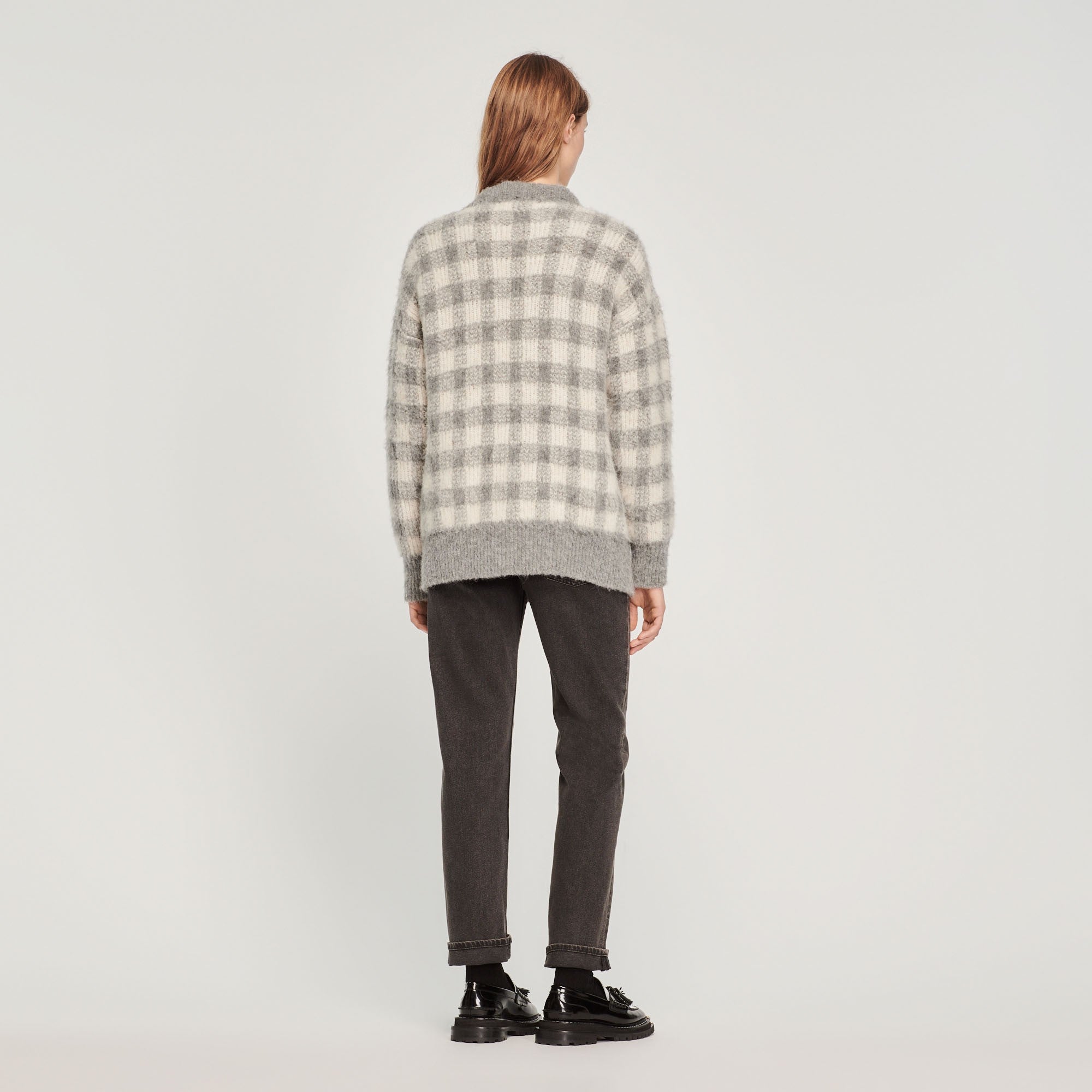 Women Checked Jacquard Cardigan - Light Grey