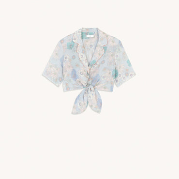 Women Tie-Front Printed Pyjama Shirt - Blue