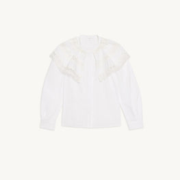 Women Poplin Shirt With Ruffle Collar - White