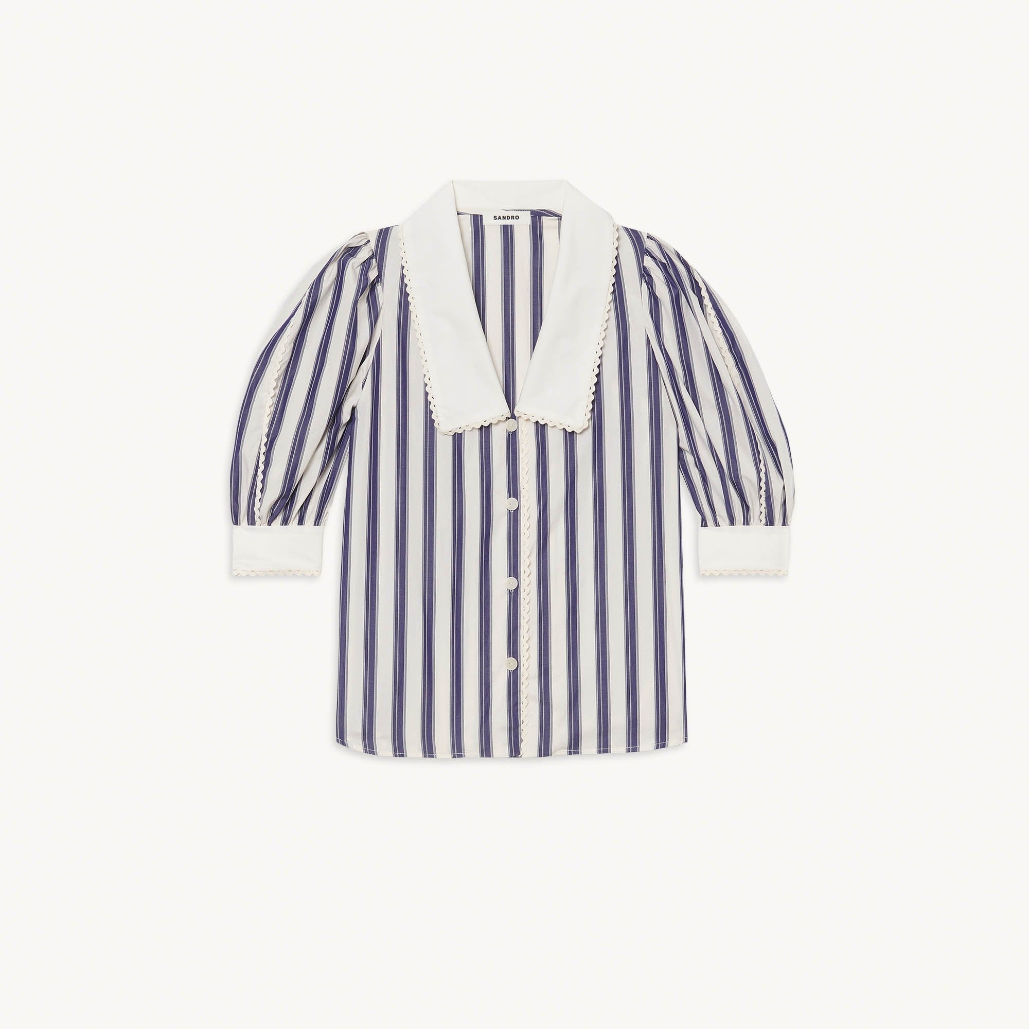 Women Striped Shirt With Oversized Collar - Blue/White