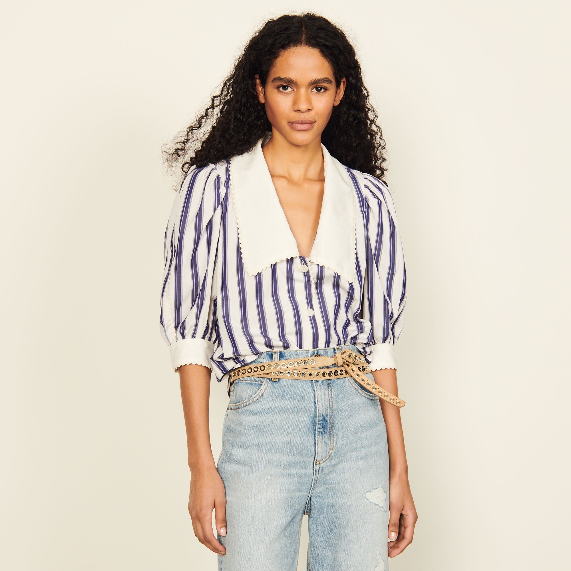 Women Striped Shirt With Oversized Collar - Blue/White