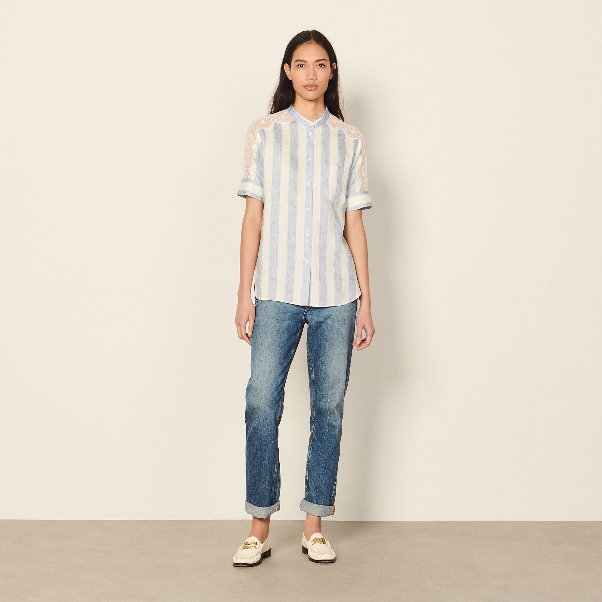 Women Striped Linen Shirt - Ciel / Blanc