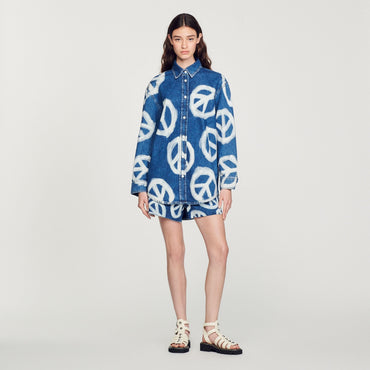 Women Oversized Denim Shirt With Peace Motifs - Deep Blu