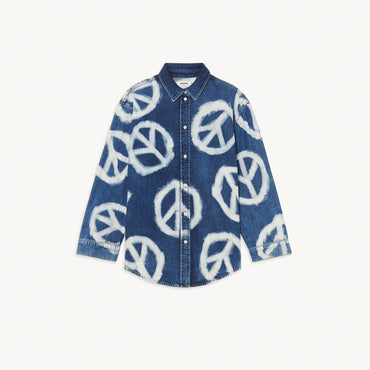 Women Oversized Denim Shirt With Peace Motifs - Deep Blu