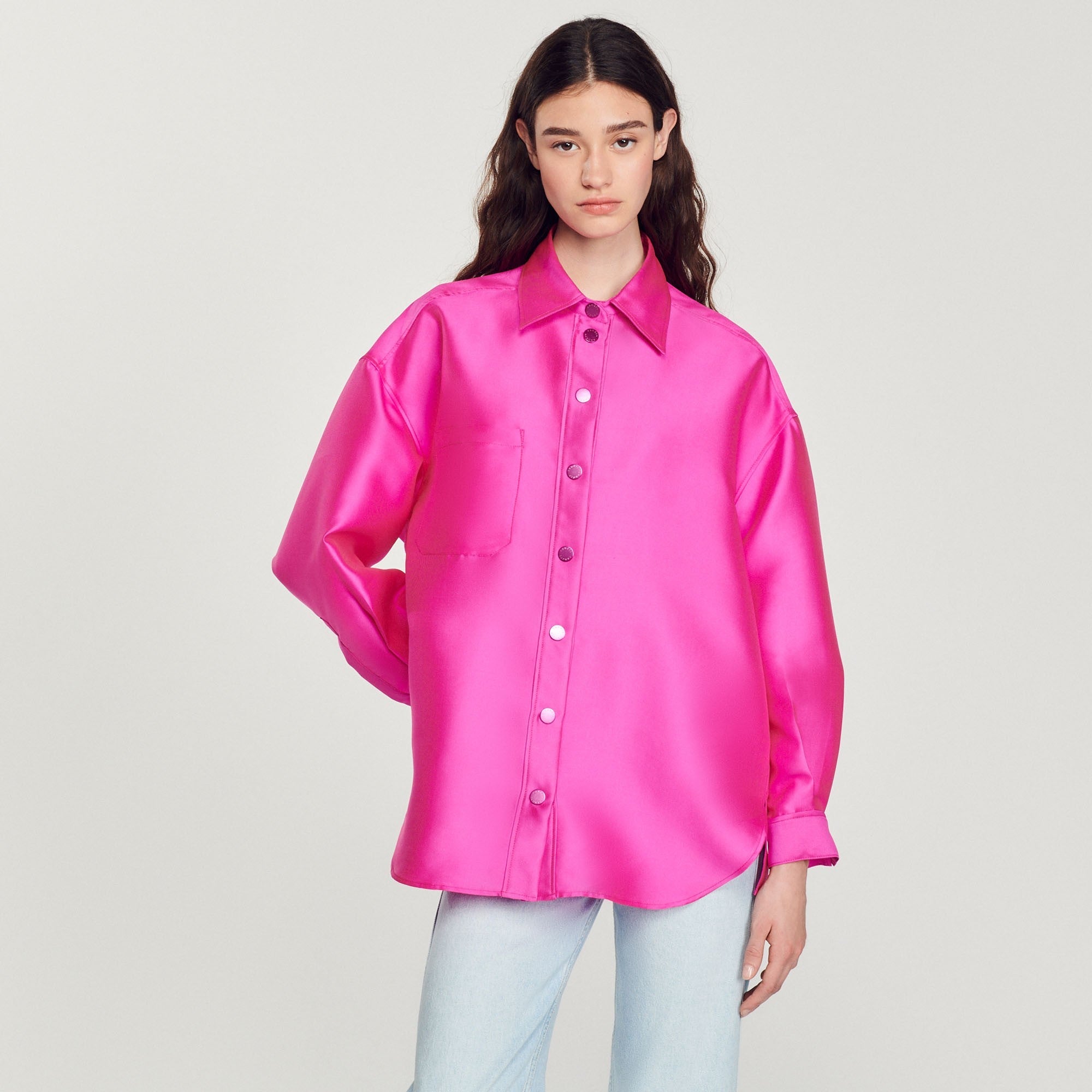 Women Oversized Satiny Shirt - Fushia