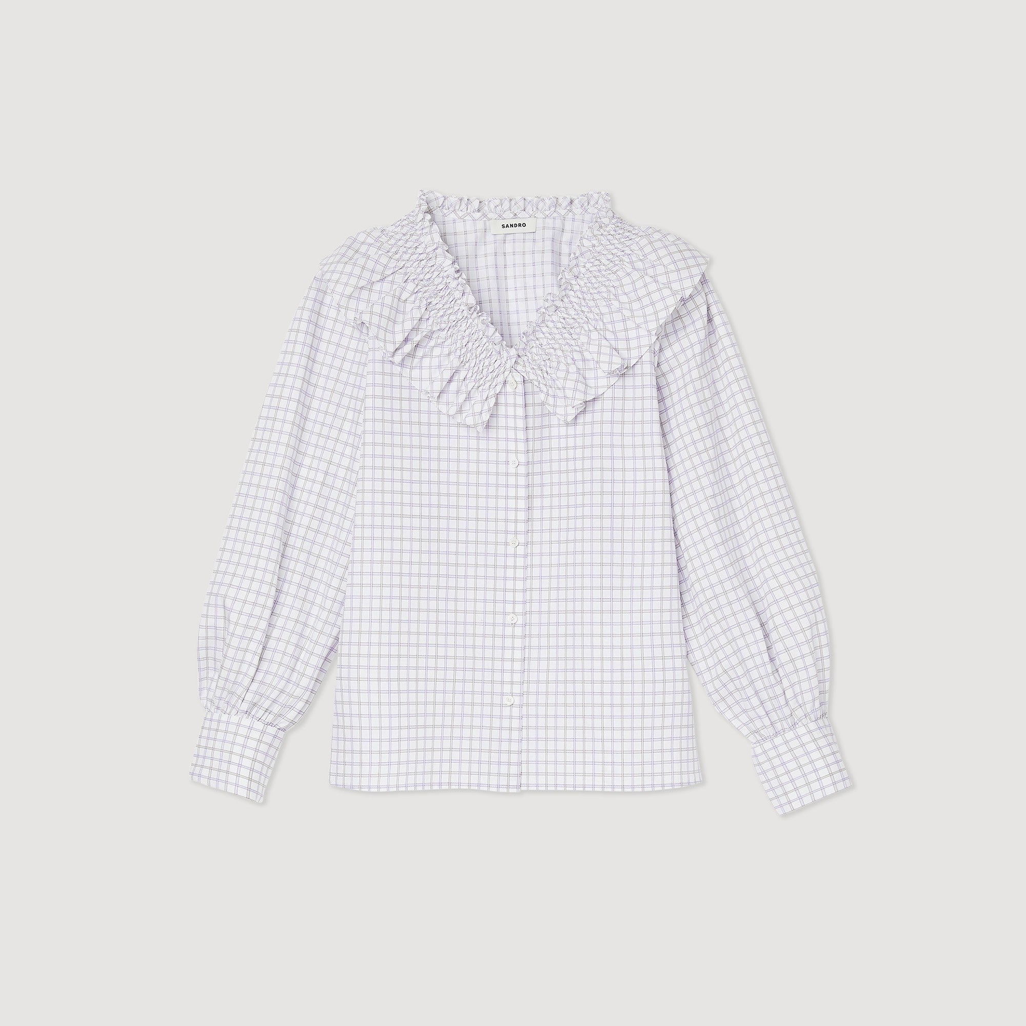 Women Checked Shirt With Ruffled Collar - White / Purple