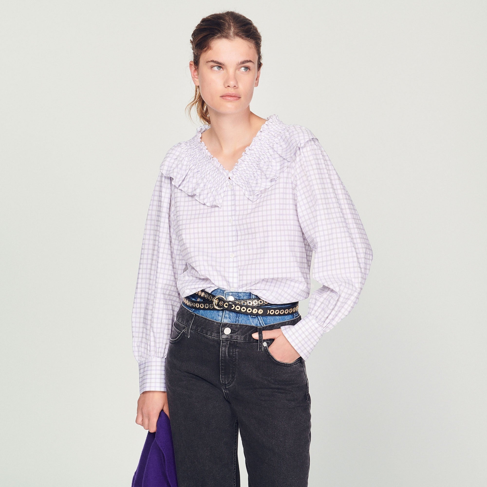 Women Checked Shirt With Ruffled Collar - White / Purple